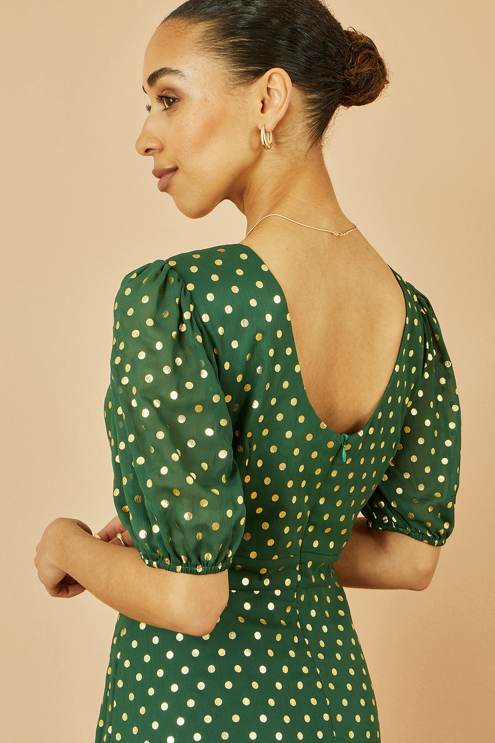 Yumi Green Gold Foil Spot Midi Dress with Scoop Back