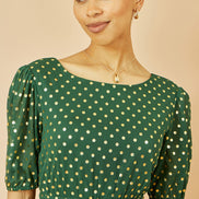 Yumi Green Gold Foil Spot Midi Dress with Scoop Back