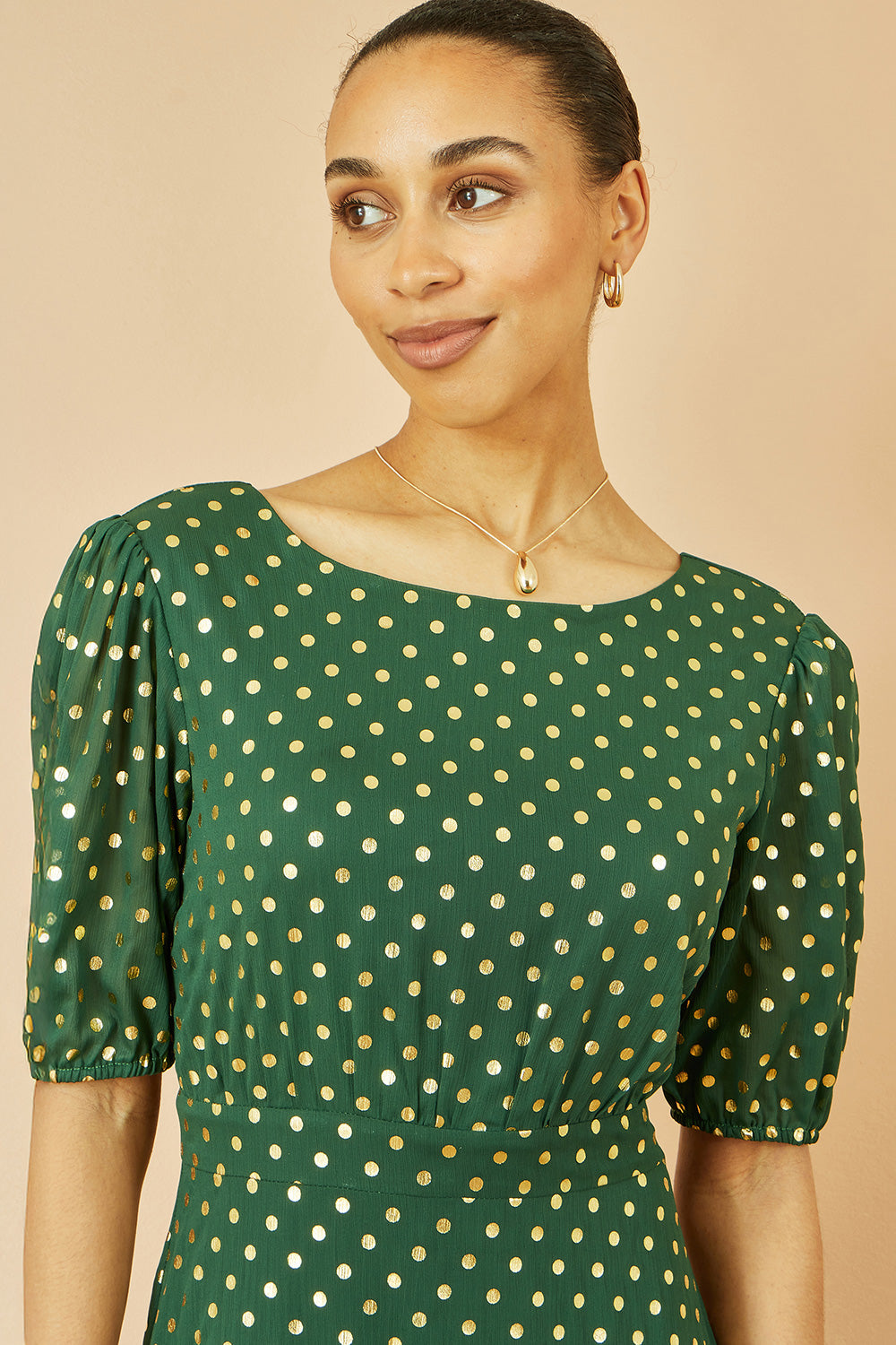 Yumi Green Gold Foil Spot Midi Dress with Scoop Back