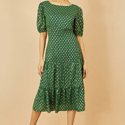 Yumi Green Gold Foil Spot Midi Dress with Scoop Back