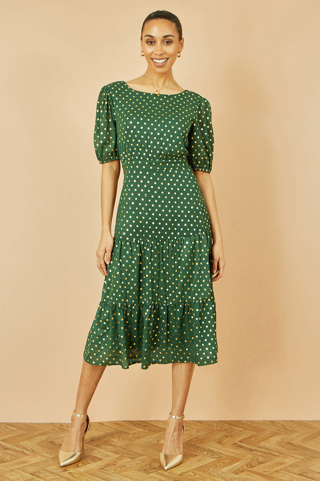 Yumi Green Gold Foil Spot Midi Dress with Scoop Back