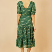 Yumi Green Gold Foil Spot Midi Dress with Scoop Back