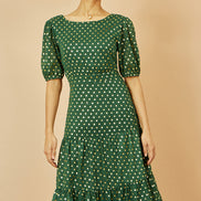 Yumi Green Gold Foil Spot Midi Dress with Scoop Back