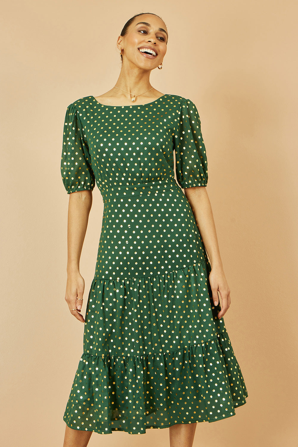 Yumi Green Gold Foil Spot Midi Dress with Scoop Back