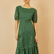 Yumi Green Gold Foil Spot Midi Dress with Scoop Back