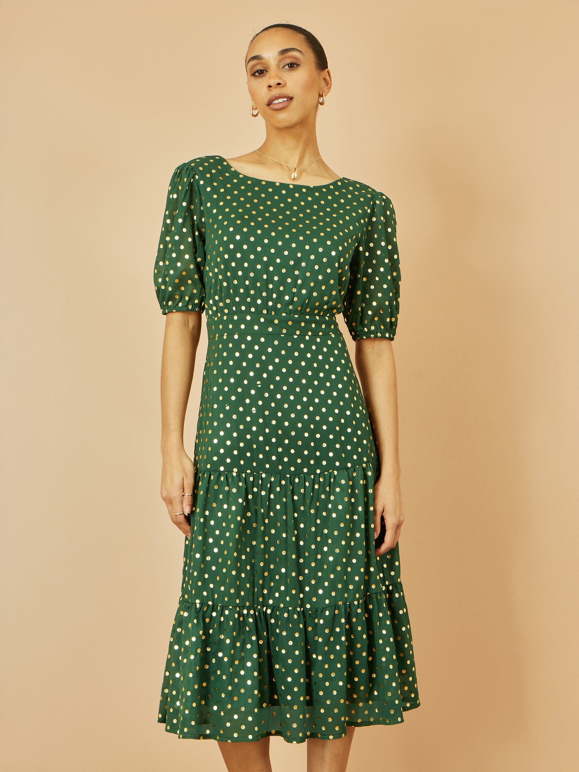 Yumi Green Gold Foil Spot Midi Dress with Scoop Back