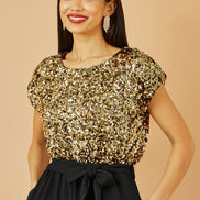 Yumi Gold Sequin Top Stretch Jumpsuit