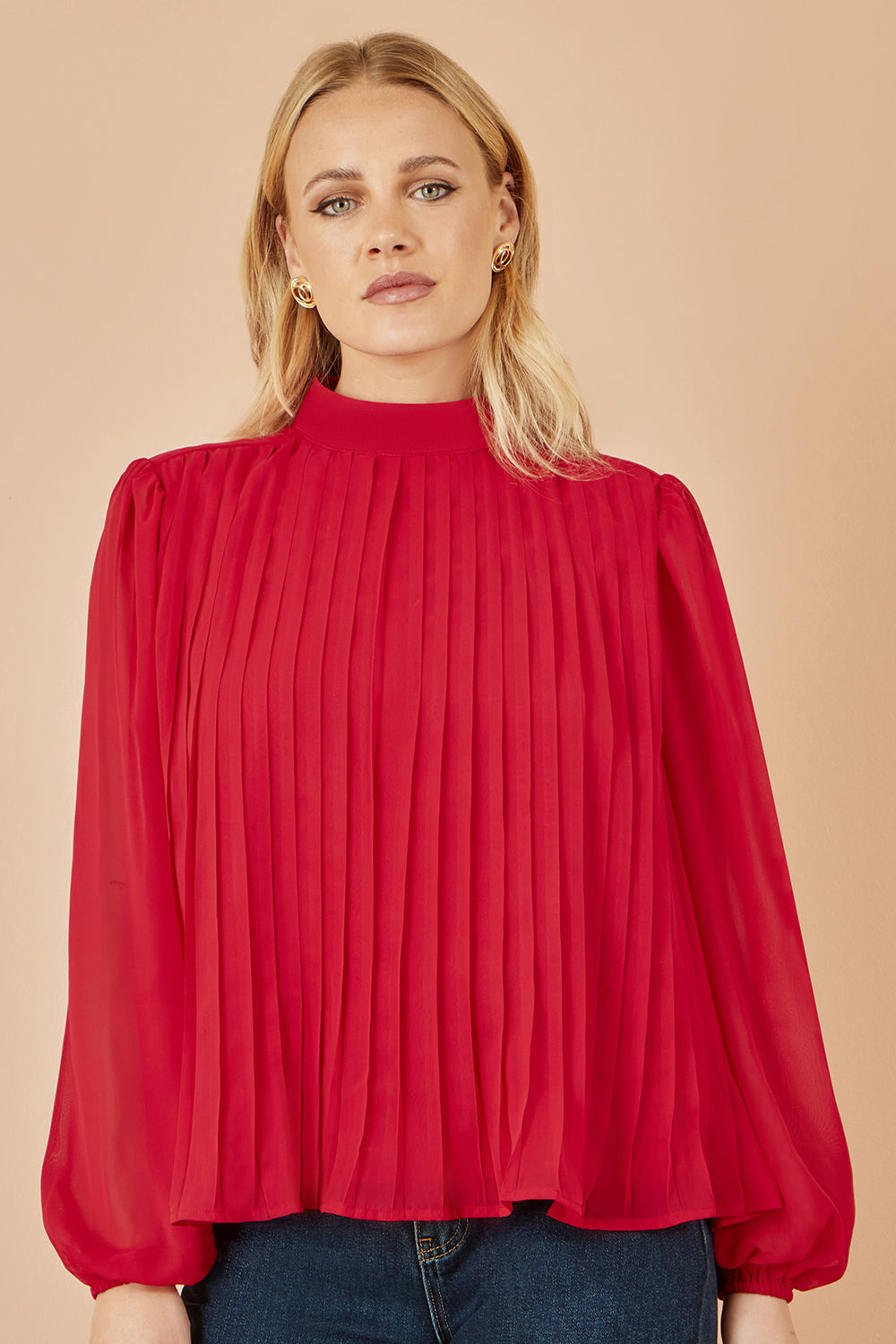 Yumi Red Pleated Long Sleeve Top with High Neck