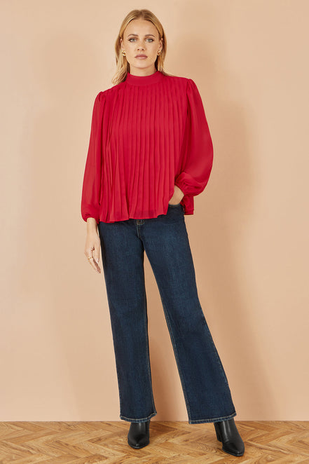 Yumi Red Pleated Long Sleeve Top with High Neck