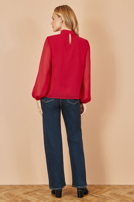 Yumi Red Pleated Long Sleeve Top with High Neck