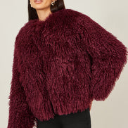 Yumi Burgundy Luxe Fluffy Faux Fur Coat