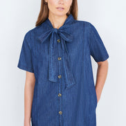 Yumi Blue Chambray Tunic with Pussy Bow Tie