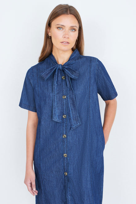 Yumi Blue Chambray Tunic with Pussy Bow Tie