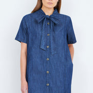 Yumi Blue Chambray Tunic with Pussy Bow Tie