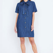 Yumi Blue Chambray Tunic with Pussy Bow Tie