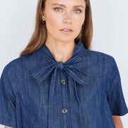Yumi Blue Chambray Tunic with Pussy Bow Tie