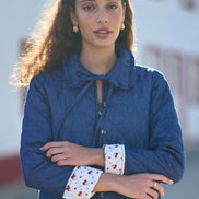 Yumi Blue Chambray Quilted Jacket with Cherry Lining