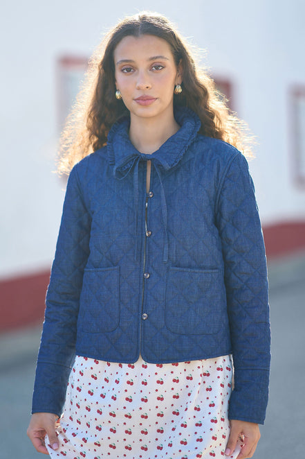Yumi Blue Chambray Quilted Jacket with Cherry Lining