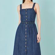 Yumi Blue Chambray Cotton Ruched Midi Sun Dress