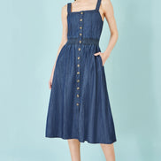 Yumi Blue Chambray Cotton Ruched Midi Sun Dress