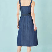 Yumi Blue Chambray Cotton Ruched Midi Sun Dress