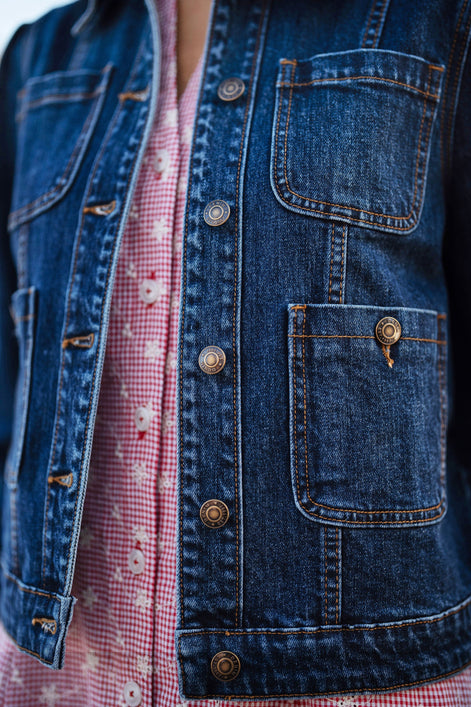 Yumi Blue Stretch Denim Jacket With Pocket Detail