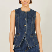Yumi Blue Stretch Long Denim Waistcoat