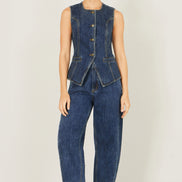 Yumi Blue Stretch Long Denim Waistcoat