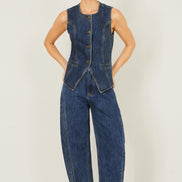 Yumi Blue Stretch Long Denim Waistcoat