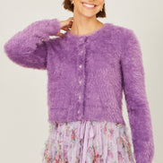 Yumi Lavender Eyelash Knit Cropped Cardigan