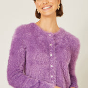 Yumi Lavender Eyelash Knit Cropped Cardigan
