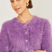 Yumi Lavender Eyelash Knit Cropped Cardigan