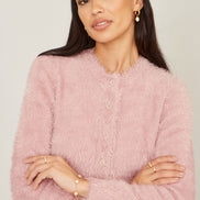 Yumi Pink Eyelash Knit Cropped Cardigan