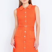 Yumi Orange Rib Knitted Skater Dress with Buckle Detail