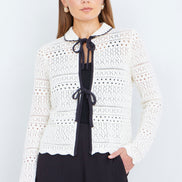 Yumi Ivory Crochet Knitted Cardigan with Peter Pan Collar