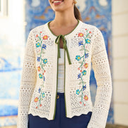 Yumi Ivory Crochet Knitted Tie Front Cardigan with Floral Embroidery