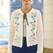 Yumi Ivory Crochet Knitted Tie Front Cardigan with Floral Embroidery