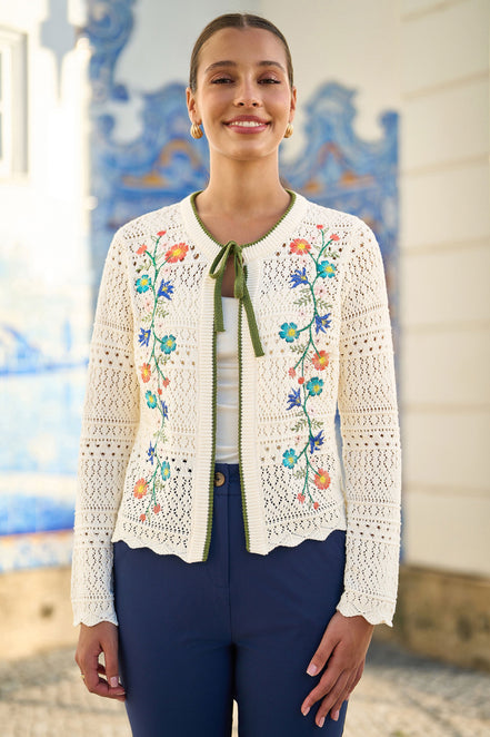Yumi Ivory Crochet Knitted Tie Front Cardigan with Floral Embroidery