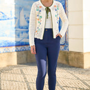 Yumi Ivory Crochet Knitted Tie Front Cardigan with Floral Embroidery