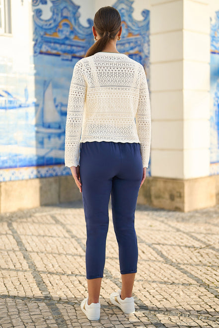 Yumi Ivory Crochet Knitted Tie Front Cardigan with Floral Embroidery