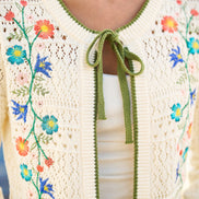 Yumi Ivory Crochet Knitted Tie Front Cardigan with Floral Embroidery