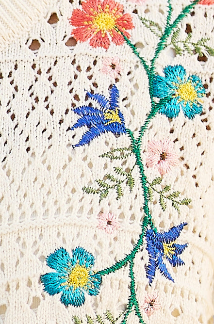 Yumi Ivory Crochet Knitted Tie Front Cardigan with Floral Embroidery