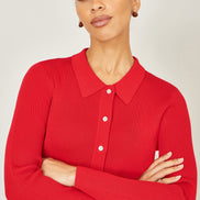 Yumi Red Ribbed Collar Button Up Cardigan