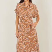 Yumi Brown Abstract Swirl Print Relaxed Midi Shirt Dress with Belt