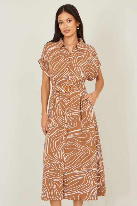 Yumi Brown Abstract Swirl Print Relaxed Midi Shirt Dress with Belt