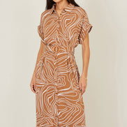 Yumi Brown Abstract Swirl Print Relaxed Midi Shirt Dress with Belt