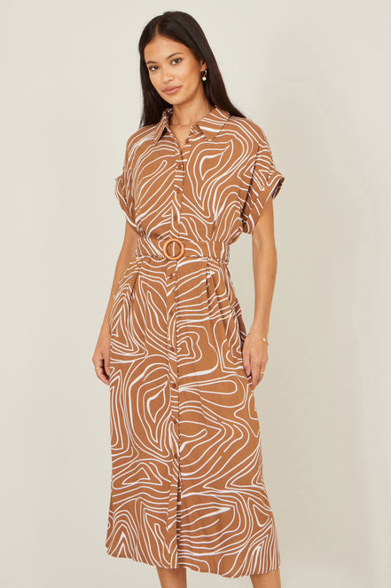 Yumi Brown Abstract Swirl Print Relaxed Midi Shirt Dress with Belt