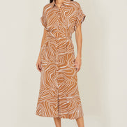 Yumi Brown Abstract Swirl Print Relaxed Midi Shirt Dress with Belt