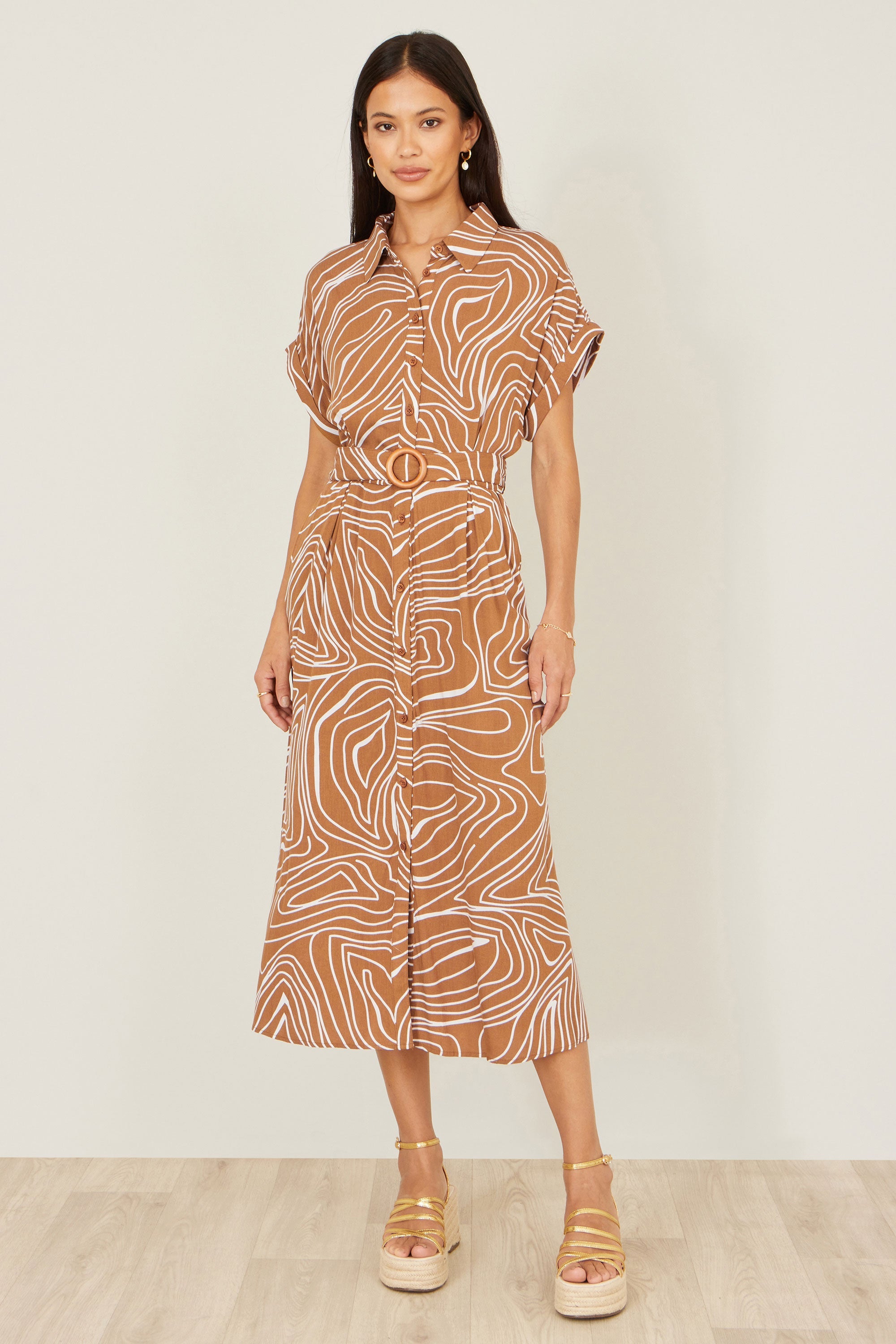 Yumi Brown Abstract Swirl Print Relaxed Midi Shirt Dress with Belt