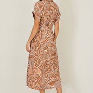Yumi Brown Abstract Swirl Print Relaxed Midi Shirt Dress with Belt